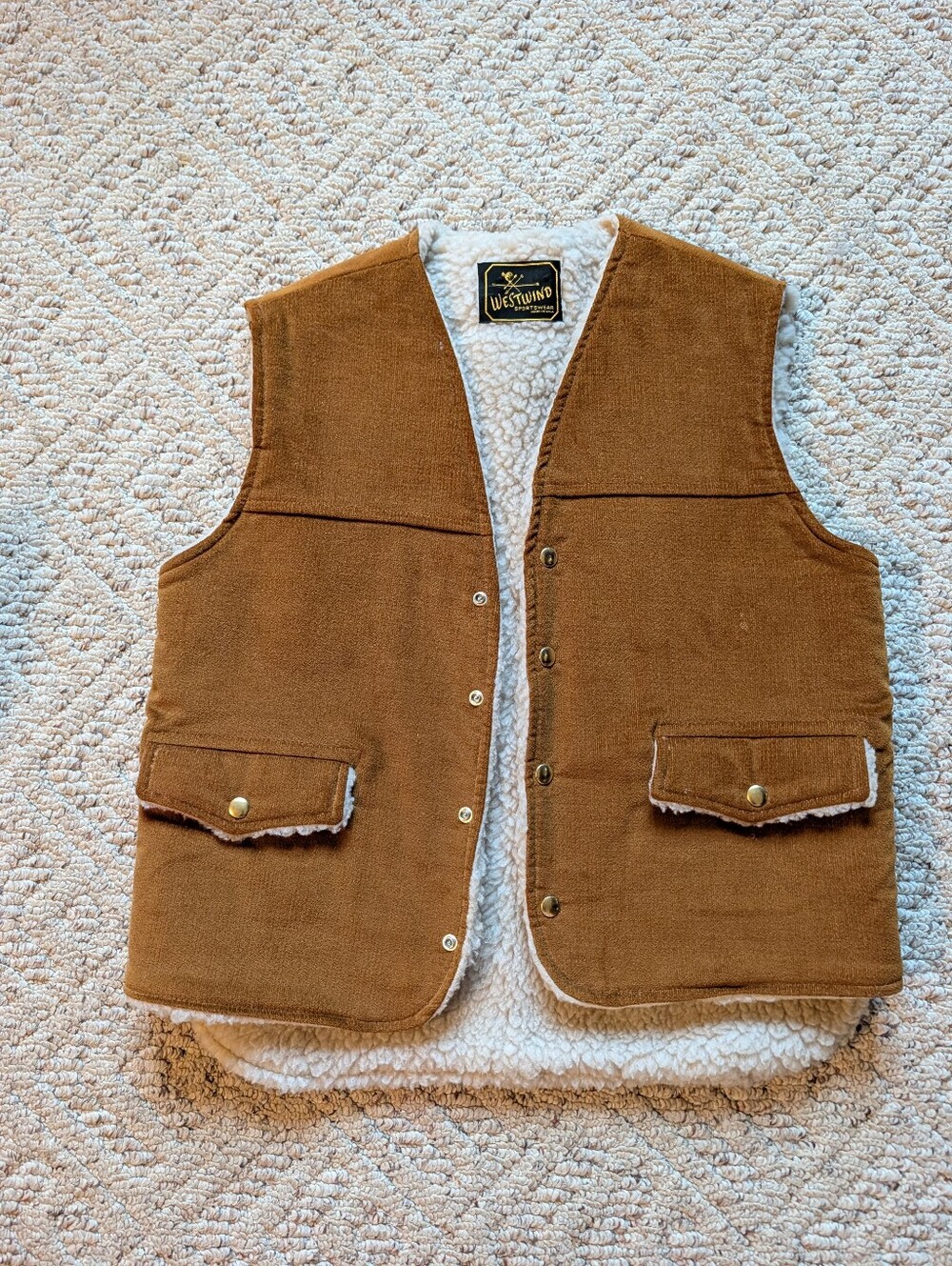 Vintage 70s Westwind Cognac Brown Corduroy Sherling Sherpa Snapfront Vest USA